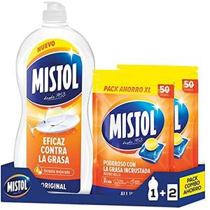 Mistol Mistol Original 900 ml + 100 vaatwastabletten. Reinigt, ontvet, vet en gepolijst, zodat je servies er als nieuw uitziet.