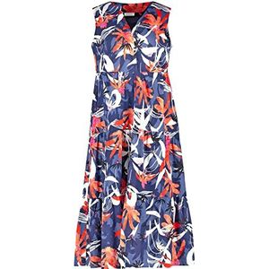 Gerry Weber Midi-jurk voor dames, met trapverwerking, mouwloze jurk, stof, midi-jurk, bloemenpatroon, kuitlengte, Blauw/rood/oranje opdruk., 46