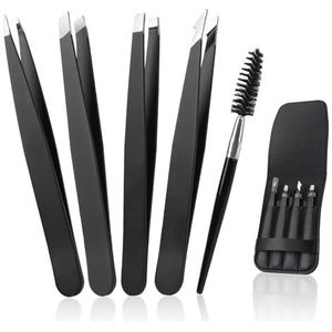 Alyvisun 5 Pcs Set van Professioneel Pincetten, Draagbaar Roestvrij Staal Pincet voor Wenkbrauwen, Textured Anti-Slip Coating, Geschikt voor Gezichtshaar Verwijderen voor Vrouwen en Mannen (Zwart)