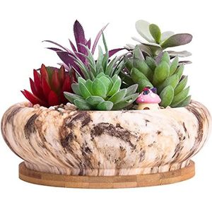 ARTKETTY Succulente plantenpotten, 18,5 cm grote bonsaipot met drainagebak, marmeren cactusplant, keramische potten voor binnen/buiten bloemplanten, ondiepe plantenbak container kom voor thuiskantoor