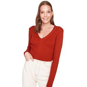 Trendyol Vrouwen ronde hals effen getailleerde trui sweatshirt, tegel rood, L, Tegel Rood, L