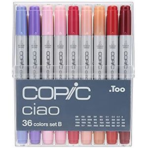 COPIC Ciao Marker Set B met 36 kleuren, all-round layout marker, op alcoholbasis, in praktische acryl display voor opslag en gemakkelijke verwijdering.