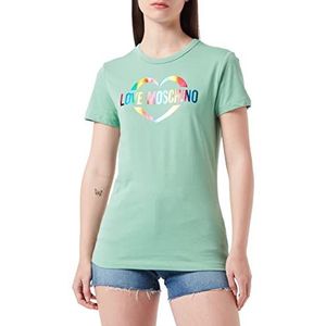 Love Moschino Dames Slim Fit in Cotton Jersey met Hart Multicolor Foil Print. T-Shirt, groen, 38 NL