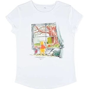 Disney Classics Women's The Pooh-Winnie Window Organic Roll Sleeve T-Shirt, Wit, S, wit, S