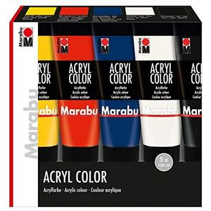 Marabu 120100000087 - Acryl Color Set, 5 x 100 ml in geel, vermiljoen rood, donkerblauw, wit en zwart, romige zijdematte acrylverf op waterbasis, sneldrogend, mengbaar en goed dekkend