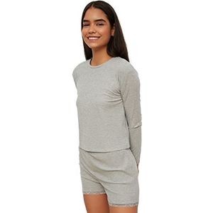Trendyol Gray Lace gedetailleerde camisole gebreide pyjama's pak dames, Grijs, XL