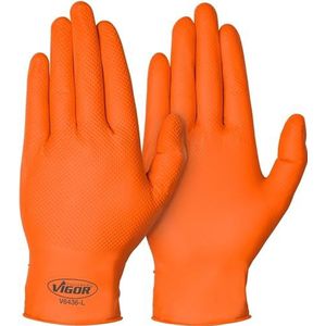 ViGOR nitril handschoenen V6436-L 100 stuks | uitstekende grip, antislip, zelfs bij het werken met olie, vet, chemicaliën en vuil | touchscreen handschoenen | kleur: oranje, maat 9 (L)'.