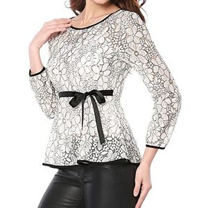 Allegra K Women's Elegant Tie Waist Long Sleeve Top Lace Peplum Blouses Large White