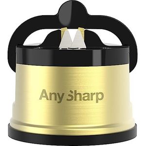 AnySharp Pro Metal Messenslijper, Handsfree Veiligheid, PowerGrip Zuigkracht, Slijpt Alle Keukenmessen, Ideaal voor Gehard Staal & Kartel, Werelds Beste, Compact, Messing Metaal