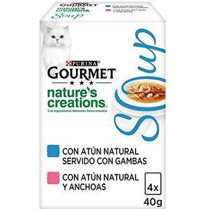 Purina Gourmet Nature's Creations Soep, natuurlijk natvoer voor katten, tonijn en garnalen en tonijn en ansjovis, 10 verpakkingen à 40 g à 40 zakjes