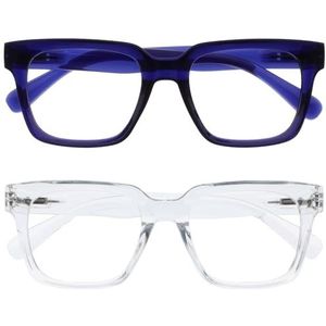 OPULIZE ERA Blauwlichtfilterbril Dames/Heren - Transparante Lenzen - Ontspiegeld - 2 Stuks - UV400 - groot rechthoekig montuur - computerbril tegen vermoeidheid - Blue Transparant