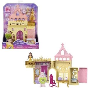 Mattel Disney Prinses Speelgoed, Stapelbaar Belles Kasteel Poppenhuis Speelset met Kleine Pop en 8 Onderdelen, Geïnspireerd op de Disney Film Reisspeelgoed en Cadeaus voor Kinderen HLW94