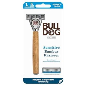 BULLDOG - Nat scheren voor mannen | Sensitive scheermes met bamboe handvat | scheermes + 4 reservemesjes | 5-voudig lemmet