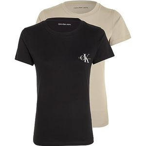 Calvin Klein Jeans Dames 2-pack Monologo Slim Korte Mouw Ronde Hals T-shirts, Beige (Plaza Taupe/Ck Zwart), XXL