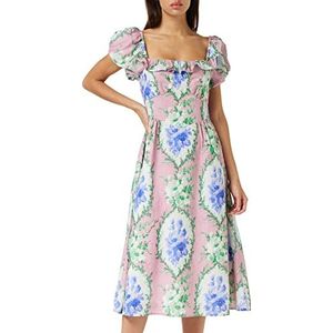 Hope & Ivy Dames The Noora Ruffle Bardot Mouw Midi Jurk Speciale Gelegenheid, Roze/Blauw, 36