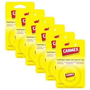Carmex Classic Lipverzorging voor droge lippen, hydraterend en rustgevend voor gebarsten lippen, met vaseline, vitamine E en bijenwas, 6 x 7,5 g