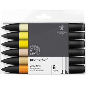 Winsor & Newton 0290157 ProMarker, Professionele Markeerstift voor lay-outs - 2 punten, fijn en breed voor tekeningen, ontwerp en lay-outs - Geeltinten 6 stiften