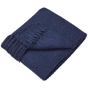 Drift Home - Marineblauw plaid met kwastjes (200 x 200 cm) - Duurzaam gerecycled katoen - Geweven deken in marineblauw - Mandgeweven - Gestructureerde bankplaid marineblauw - Marinedeken/Bedsprei