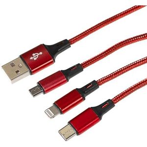 Maplin 3-in-1 Lightning & Micro USB & USB-C naar USB-A gevlochten kabel rood, voor iPhones 15,14,13,12,11, iPad Air/Mini, iPad, Android-telefoons incl. Samsung S7/S6/S5, Sony, Huawei, PS4, HTC,