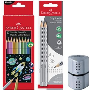 Faber-Castell 205028 - schoolset met kleurpotlodenset metallic, puntenslijper en 2 potloden Jumbo