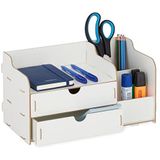 Relaxdays bureau organizer, pennenbak met lades & vakjes, HxBxD: 17 x 33 x 19 cm, pennenhouder kantoor, wit