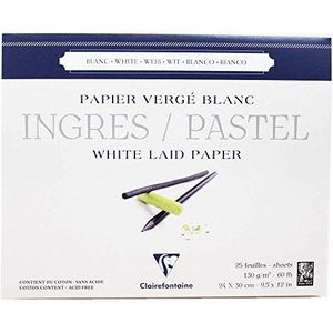 Clairefontaine - Ref 96482C - Ingres White Pastel Gelijmd Laid Paper Pad (Pack van 25 vellen) - 24 x 30cm, 130gsm getint katoen, Top Glue Bound - Geschikt voor droge technieken