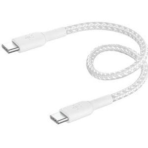 Belkin BoostCharge gevlochten USB-C/USB-C-kabel (15 cm) voor de iPhone 16, 16 Pro, 16 Pro Max, 16 Plus, iPhone 15, Samsung Galaxy S24, S23, Note10, Note9, Pixel 8, Pixel 7, iPad Pro, en meer - Wit