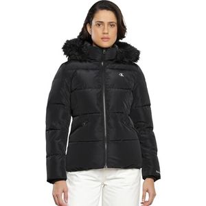 Calvin Klein Jeans Dames Faux Fur Hooded Fitted Korte JKT Gewatteerde Jassen, Zwart, L