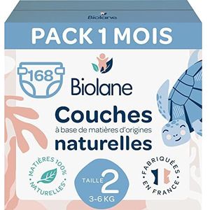 BIOLANE - Luier maat 2 – (3 – 6 kg) – voor de gevoelige huid – zeer absorberend, geen lekken, 12 uur droog – 1 maand 168 luiers – milieuvriendelijk – geproduceerd in Frankrijk