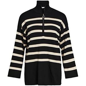 Object NOOS gebreide trui voor dames, L/S gebreide rits, zwart/stripes: sandshell, XL, zwart/strips: sandshell, XL