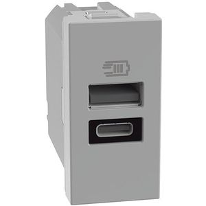BTICINO MatixGO stopcontact met USB-poort 1 module grijs JG4191AC USB-oplader met een type A-aansluiting en een type C, 15W