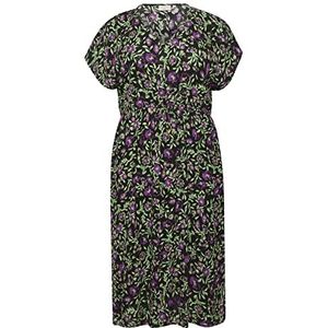 Kaffe Curve Plus-Size Midi Jurk voor dames, korte mouwen, V-hals, losse pasvorm, zwart/groen/paarse bloem, 48 (L)