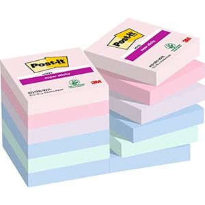 Post-it Super Sticky Notes Soulful Color Collection, Pack van 12 pads, 90 vellen per pad, 47,6 mm x 47,6 mm, roze, paars, groen, grijs, blauw - extra kleverige notities voor het maken en maken van