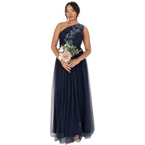 Maya Deluxe Maxi-jurk voor dames, mouwloos, één schouder, pailletten, versierd, tule, split A-lijn, voor evenementen, gala, bal, dames, marineblauw, 42