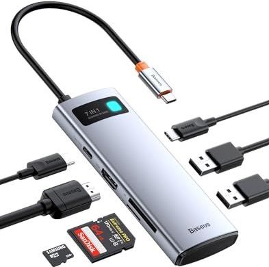 Baseus USB C Hub 7 in 1 Docking Station Adapter met 4K HDMI, 100W PD, 2 USB 3.0 5 Gbps, 1 USB C, SD/TF kaartlezer voor iPhone 15, Laptop MacBook/Surface Pro/iPad/Steam Deck/Rog Ally/Samsung enz