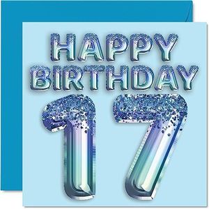 17e verjaardagskaart voor jongens - blauwe glitter feestballon - gelukkige verjaardagskaarten voor 17-jarige jongen kleinzoon zoon broer neef, 145 mm x 145 mm zeventien zeventiende wenskaarten cadeau