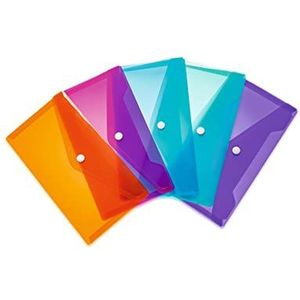 HERMA 20037 5 stuks PP transparante hoezen met drukknop voor school, universiteit, kantoor, enveloppen van polypropyleen oranje, roze, lichtblauw, turquoise, paars