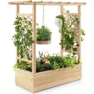 FANTASK Verhoogd bloembed met rankrooster en hangend dak, plantenbak met klimhulp, bloembak voor klimplanten en hangende manden