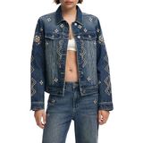 Desigual - Chaq_Espejos 25Wwed 11 - Spijkerjasje - Blauw - Dames - Katoen - Bloemen en Geometrisch Borduurwerk