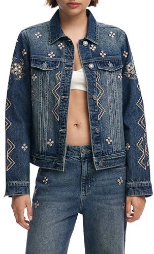 Desigual - Chaq_Espejos 25Wwed 11 - Spijkerjasje - Blauw - Dames - Katoen - Bloemen en Geometrisch Borduurwerk