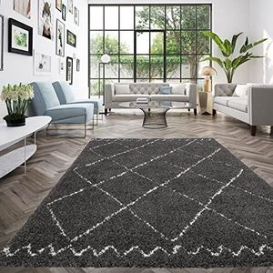 Berbertapijt, Shaggy, geometrische stijl, tapijt 120 x 170 cm, zacht en comfortabel, onderhoudsvriendelijk, 100% polypropyleen, dikte 30 mm, 120 x 170 cm, zwart-wit