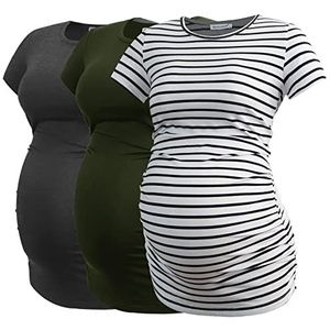 Smallshow Zwangerschapskleding Tops Kant Ruches Zwangerschap Kleding voor Vrouwen 3-Pack, Dim Grijs/Legergroen/Witte Streep, S