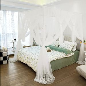 Vpory Luifel bedgordijnen - 4 hoeken paalbed luifelgordijnen voor meisjes en volwassenen, bed prinses bed luifel klamboe slaapkamer decoratie accessoires - wit, volledige grootte/queensize
