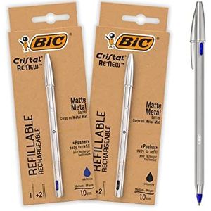 BIC Cristal ReNew Premium navulbare balpen van metaal - blauw en zwart- 2 pennen en 4 vullingen - Cristal Re'New