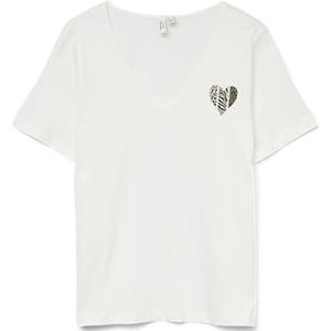 VERO MODA - T-shirt - Wit - Katoen - V-hals met Hart op Borst