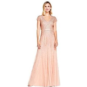 Adrianna Papell Damesjurk, lange jurk met kralen en V-hals, kapmouwen en tailleband, Blozen, 12