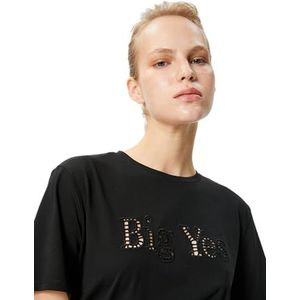 Koton Dames Slogan geborduurd katoen T-shirt met korte mouwen, zwart (999), S