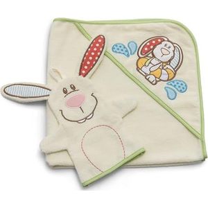 Set badcape konijn Tilli 70x70cm incl. speelwashandje 23x14cm in geschenkverpakking 28x28x4cm beige - Handpop met grijpelementen - babyspeelgoed voor in bad om te grijpen & mee te spelen