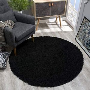 SANAT Vloerkleed rond - zwart hoogpolig, hoogpolig, moderne tapijten voor woonkamer, slaapkamer, eetkamer of kinderkamer, afmeting: 120x120 cm