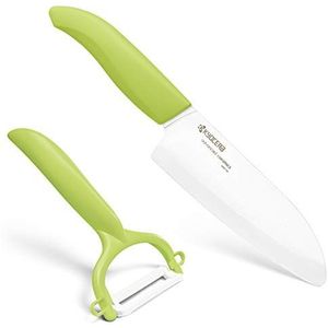 Kyocera Cut&Peel Set, Santoku mes (lemmet: 14 cm) met dunschiller, groene greep